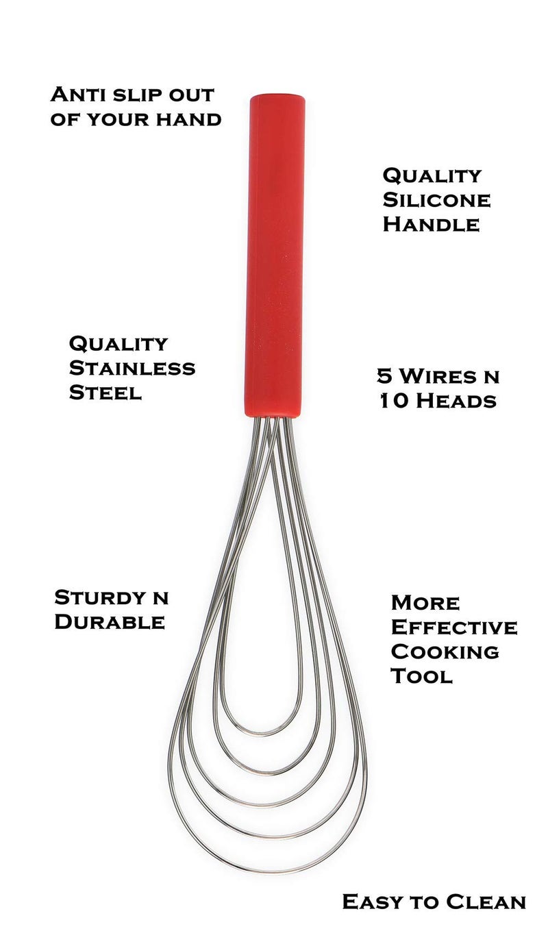 Jell-Cell Flat Whisk Silicone Handle Non Slip 10" - 5 Wires Whisk with 10 Heads for Kitchen Cooking Color Red by Jell-Cell - Image 4